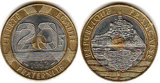 moneda Francia 20 francos 1992 