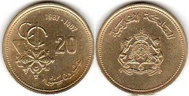 moneda Morocco 20 céntimos 1987