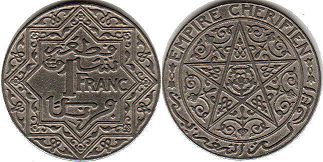 moneda Morocco 1 francosin fecha (1921)