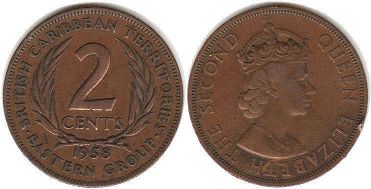 moneda British Caribbean Territories 2 cents 1958