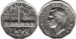  moneda canadiense conmemorativa 5 centavos 1951