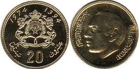 moneda Morocco 20 céntimos 1974