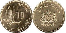 moneda Morocco 10 céntimos 1987