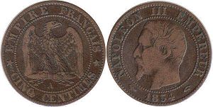 moneda Francia 5 céntimos 1854
