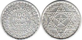 moneda Morocco 100 francos 1953