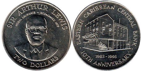 moneda Eastern Caribbean States 2 dólares 1993