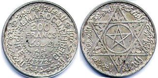 moneda Morocco 200 francs 1953