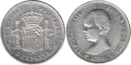 moneda España 5 pesetas 1888