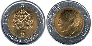 moneda Morocco 5 dirham 1987