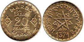 moneda Morocco 20 francos 1951