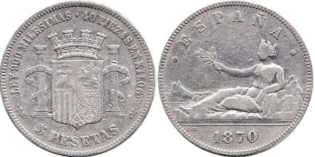 moneda España 5 pesetas 1870