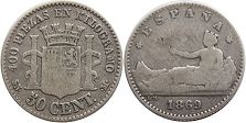 moneda España 50 céntimos 1869
