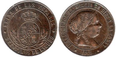 moneda España 5 céntimos 1866