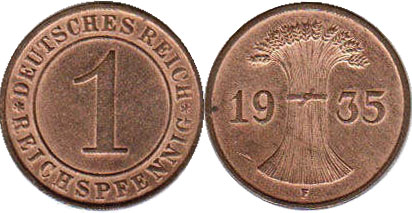 Moneda República de Weimar1 Pfennig 1935