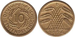 Moneda República de Weimar10 Pfennig 1924