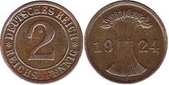 Moneda República de Weimar2 Pfennig 1924