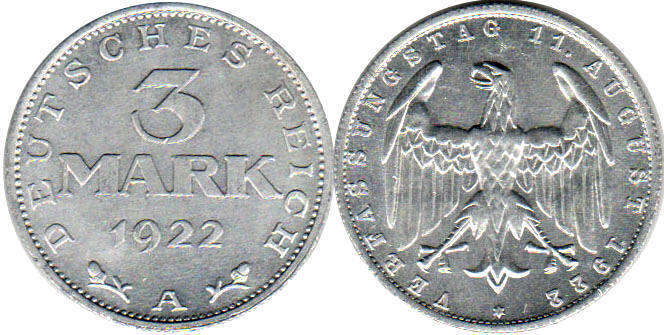 Moneda República de Weimar3 mark 1922 gedenk