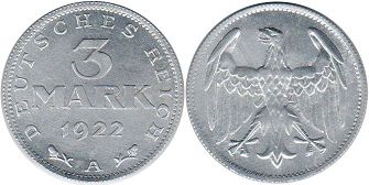 Moneda República de Weimar3 Mark 1922