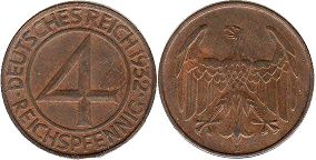Moneda República de Weimar4 Pfennig 1932