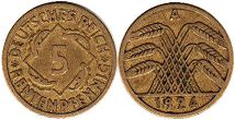 Moneda República de Weimar5 Pfennig 1924