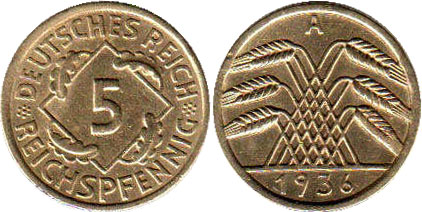 Moneda República de Weimar5 Pfennig 1936