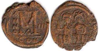 moneda bizantina Emperor Justin II follis
