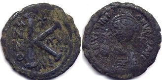moneda bizantina Justinianus I medio follis