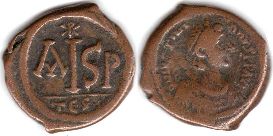 moneda bizantina Justinianus I 16 nummi